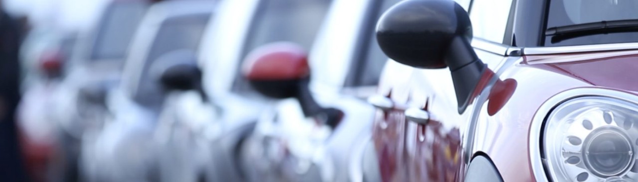 A line of parked MINIs, showcasing the front left side of the vehicles.