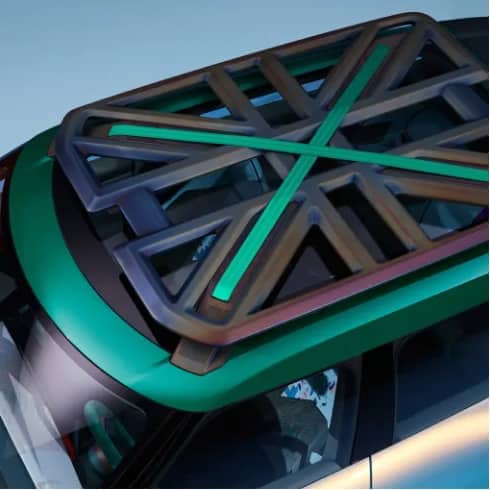 Overhead view of a MINI Concept Aceman’s roof rack in British Racing Green.