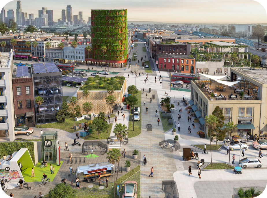 A futuristic rendering of a bustling city square outside of Los Angeles