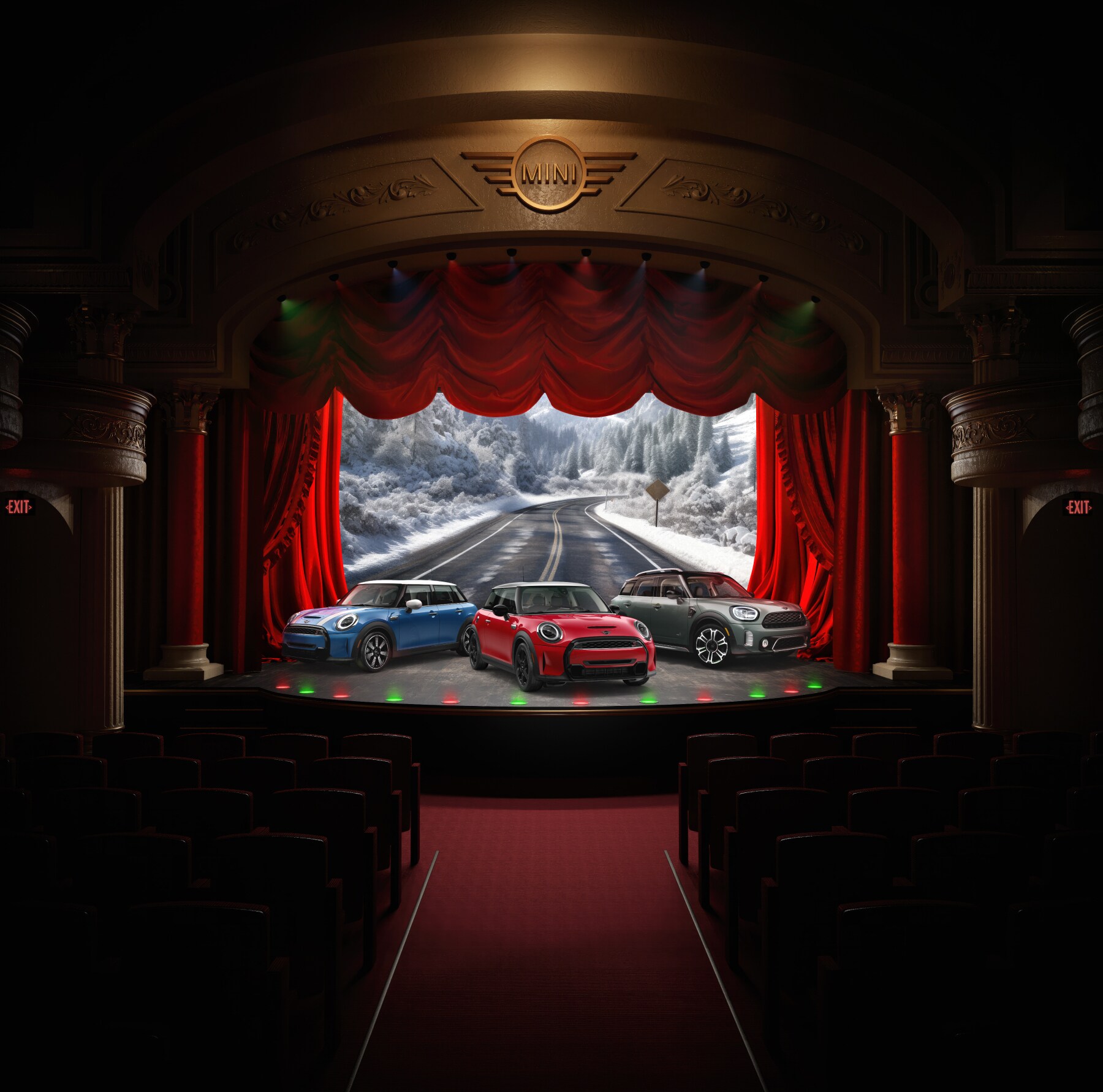 Three MINI vehicles in different exterior body colors parked next to each other on a stage, facing towards the audience, with red curtains behind them enclosing a picture of an open road leading into a wintery outdoor forest setting.