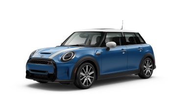 Three-quarters front view of a blue MINI Hardtop 4 Door parked on a blank surface with its shadow underneath and nothing surrounding it.