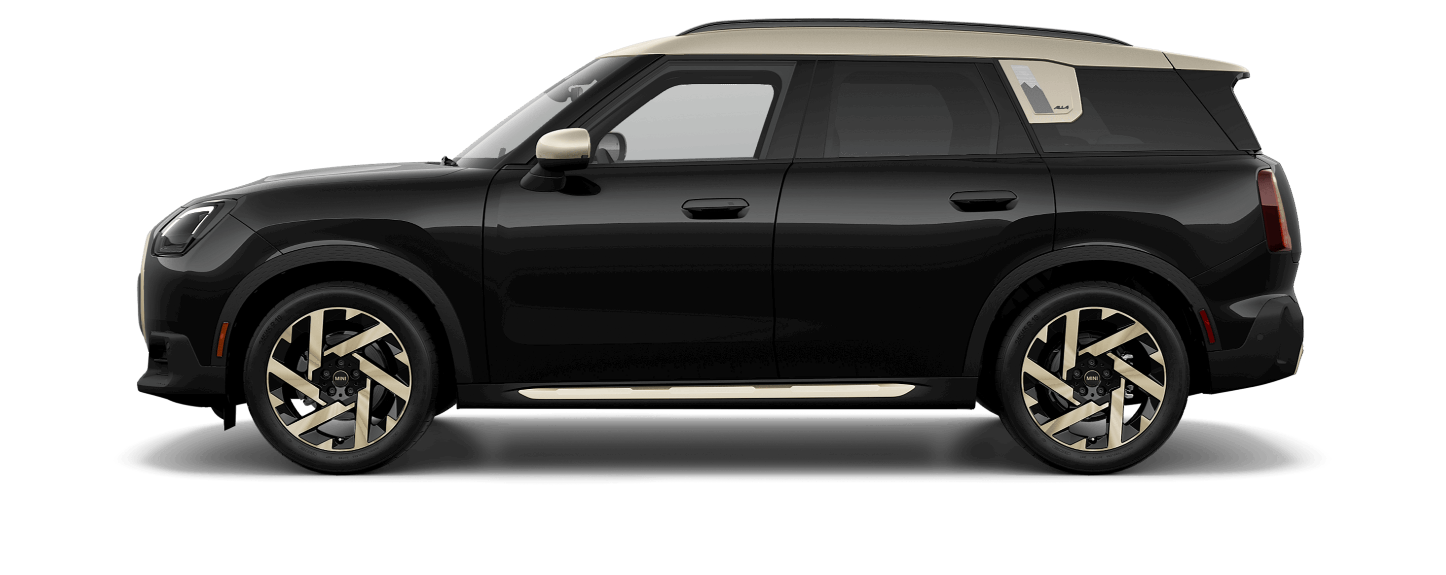 Side view of a MINI Countryman SE ALL4 in the Nanuq White body color, facing left with its shadow underneath it.