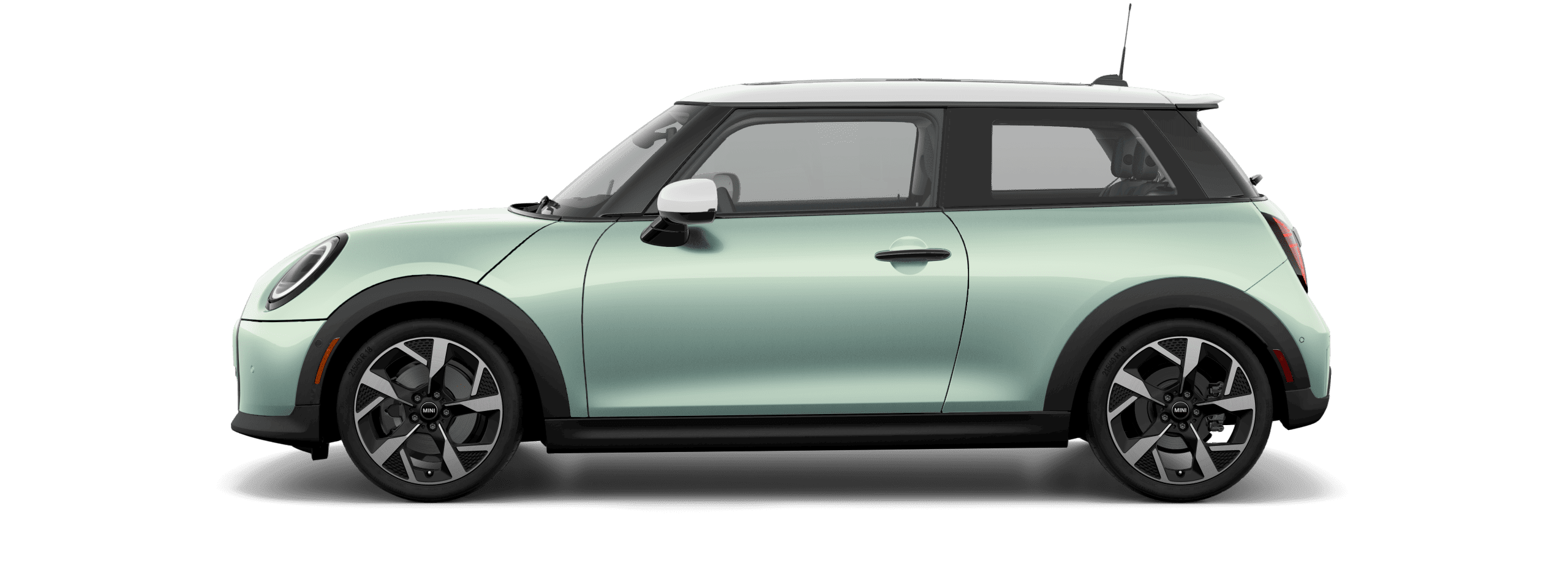 Side view of a 2025 MINI Cooper S 2 Door in the Ocean Wave Green body color, facing left with its shadow underneath it.