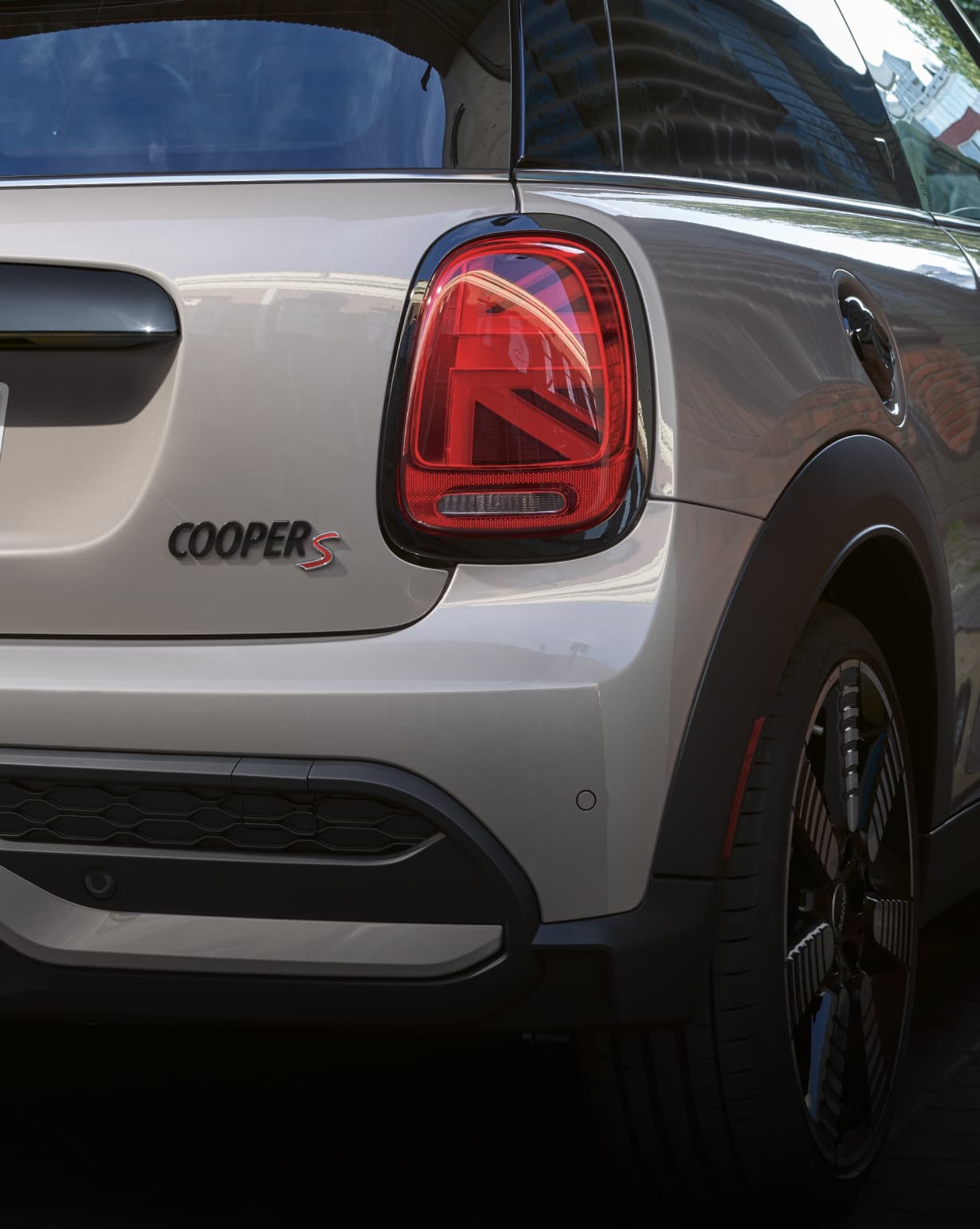 Closeup view of a Union Jack tail light on a grey MINI Cooper S Hardtop 2 Door.