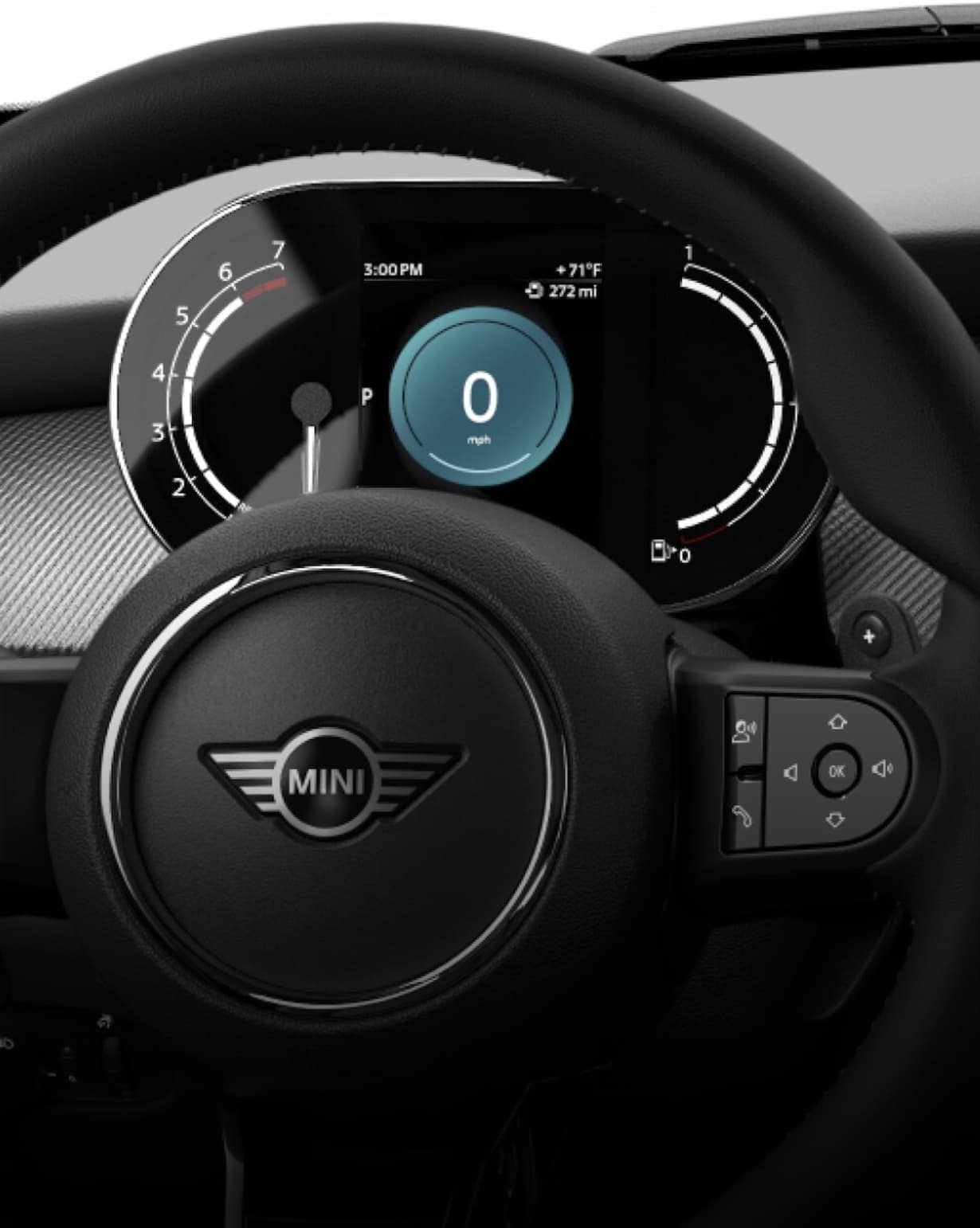 Closeup view of the multifunctional sport leather steering wheel in a MINI Hardtop 2 Door, with the Dynamic Digital Instrument Cluster featured behind it.