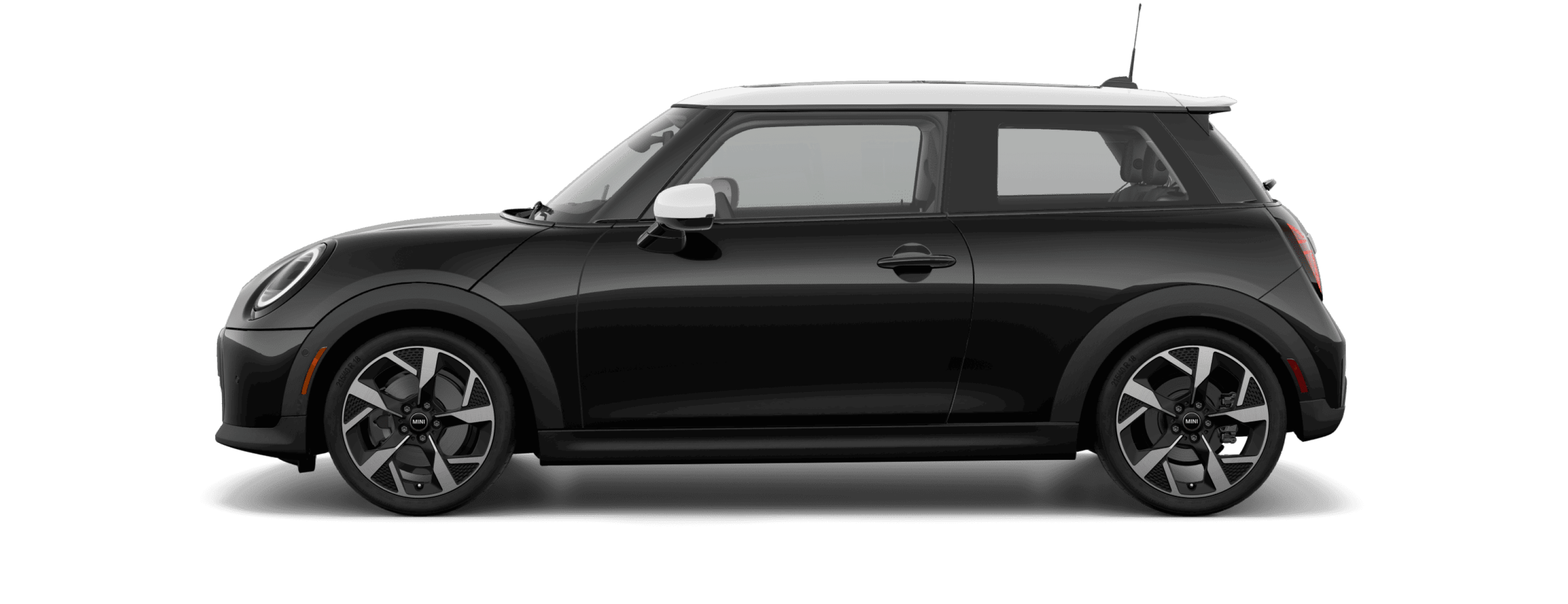 Side view of a MINI Cooper S 2 Door in the Midnight Black II Metallic body color, facing left with its shadow underneath it.