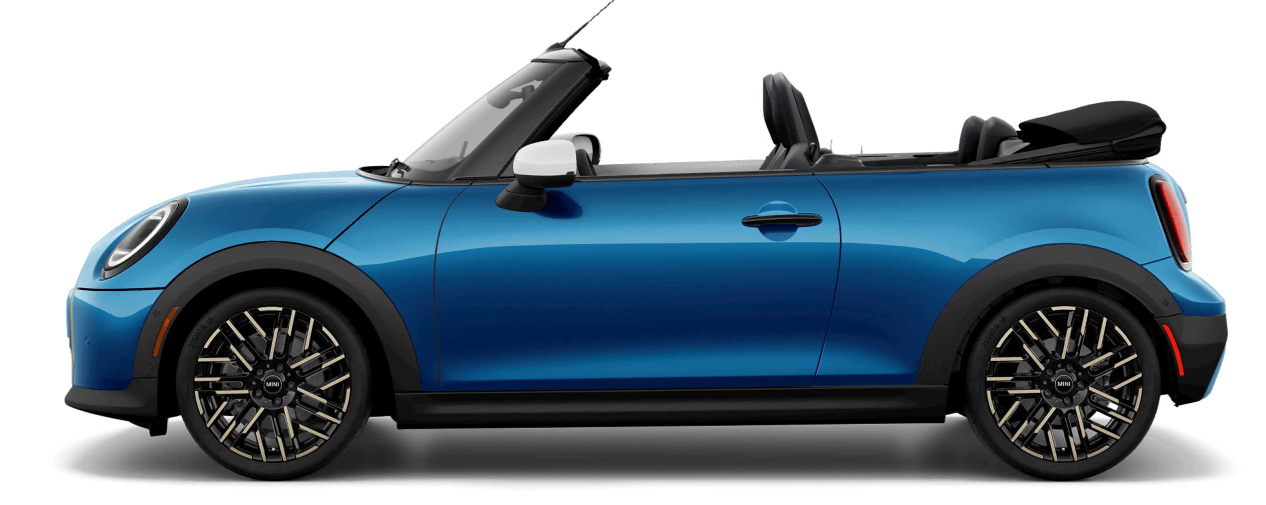 Side view of a MINI Cooper S 4 Door in the Icy Sunshine Blue body color, facing left with its shadow underneath it. 