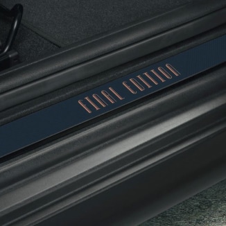 Closeup view of the Final Edition graphic printed on the entry sills of a MINI Cooper S Clubman ALL4 Final Edition.